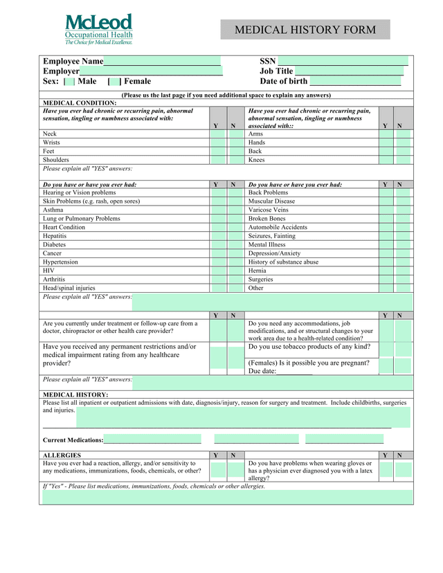 Employee Medical Condition Questionnaire screenshot