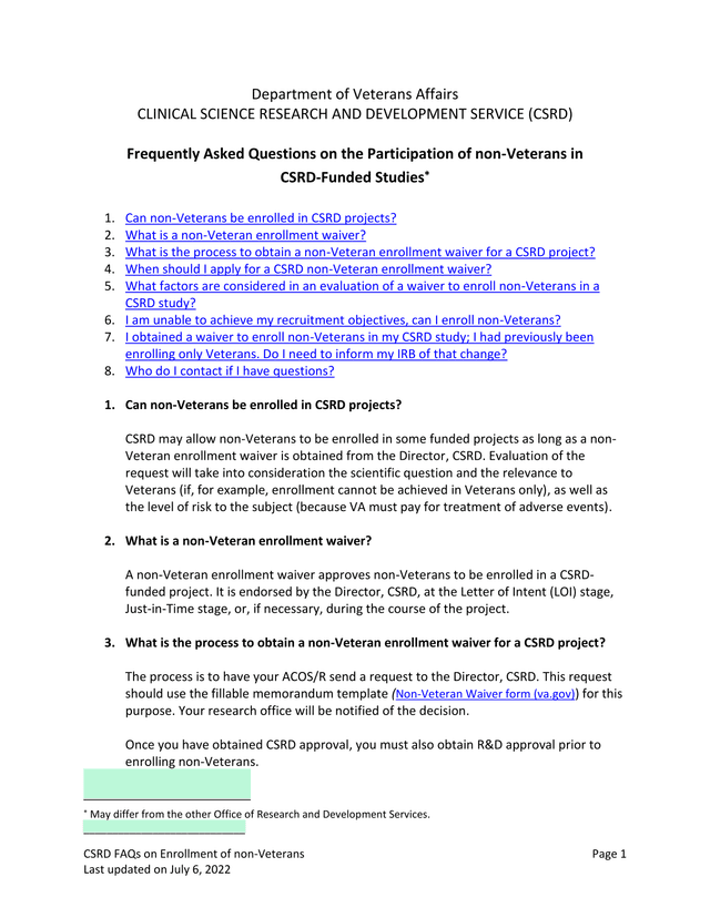 CSRD FAQs On Enrollment Of Non Veterans screenshot