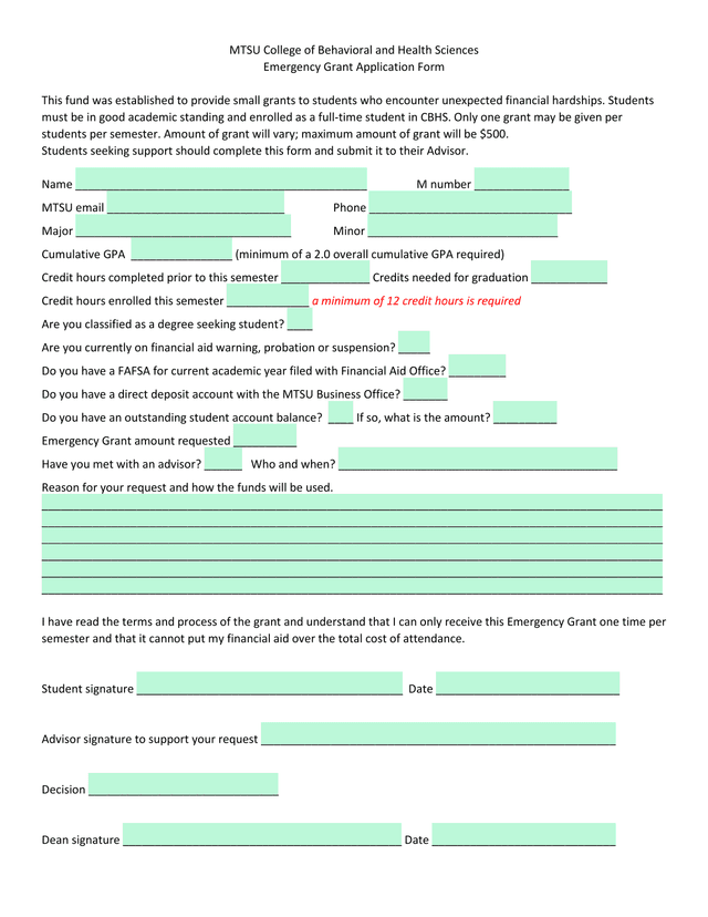 MTSU College Of Behavioral And Health Sciences Emergency Grant Application Form screenshot