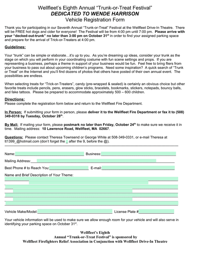 WellfleetS Eighth Annual Trunk Or Treat Festival Vehicle Registration Form screenshot