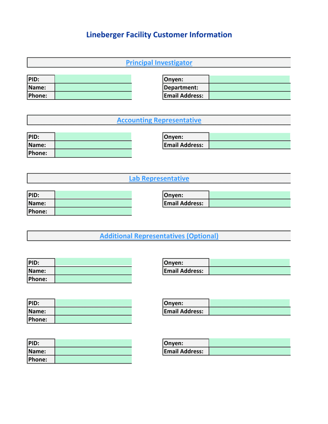 Lineberger Facility Customer Information screenshot
