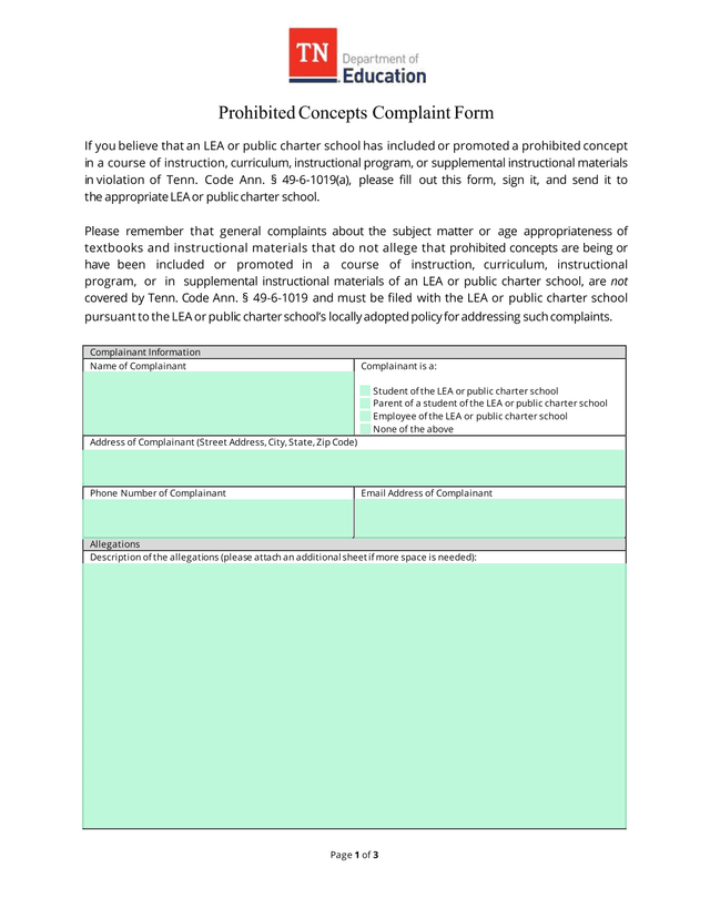 Prohibited Concepts Complaint Form screenshot
