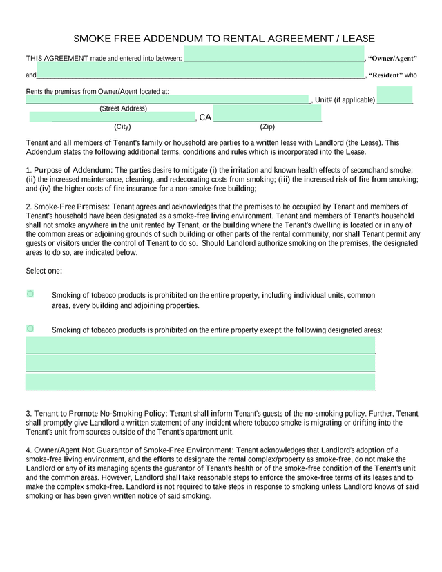 Smoke Free Addendum To Rental Agreement  Lease screenshot