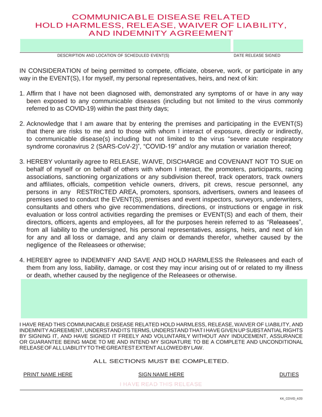 Communicable Disease Related Hold Harmless, Release, Waiver Of Liability, And Indemnity Agreement screenshot