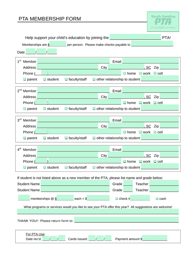 PTA Membership Form screenshot