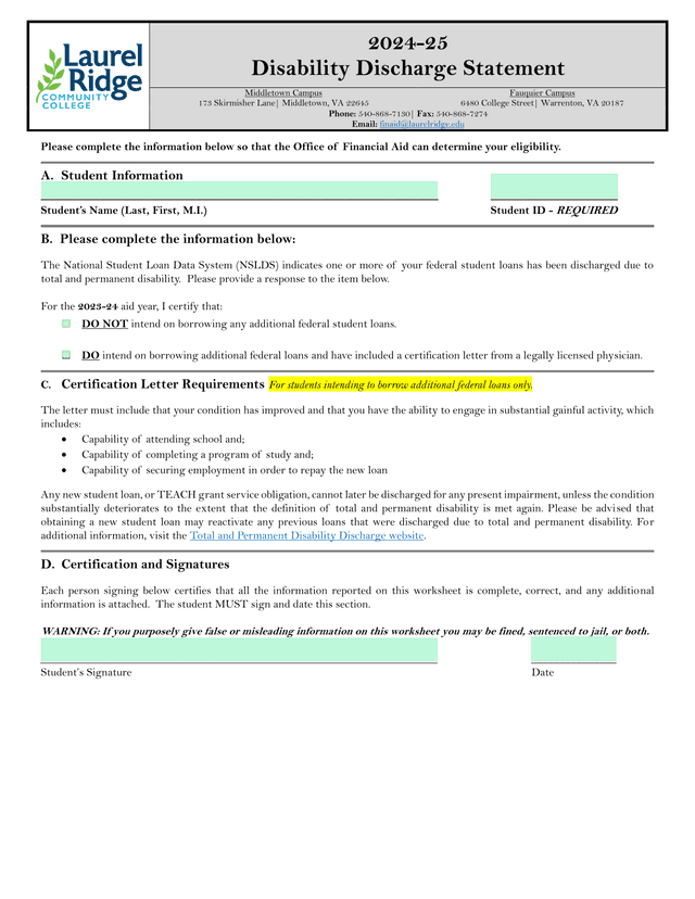 2024 25 Disability Discharge Statement screenshot