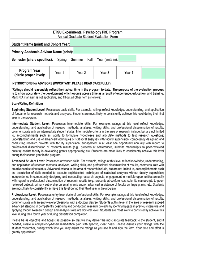 ETSU Experimental Psychology PhD Program Annual Graduate Student Evaluation Form screenshot