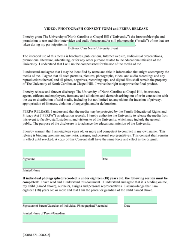 Video  Photograph Consent Form And FERPA Release screenshot