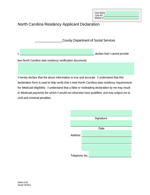 North Carolina Residency Applicant Declaration screenshot