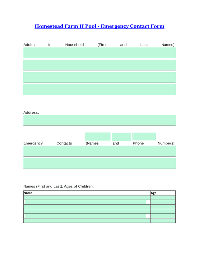 Homestead Farm II Pool   Emergency Contact Form screenshot