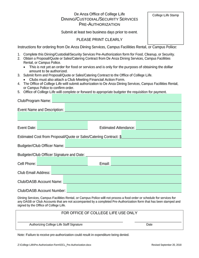 DININGCUSTODIALSECURITY SERVICES PRE AUTHORIZATION screenshot