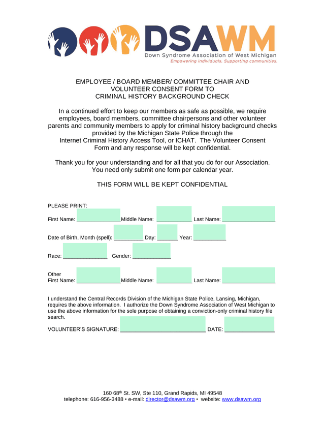 Employee  Board Member Committee Chair And Volunteer Consent Form To Criminal History Background Che screenshot