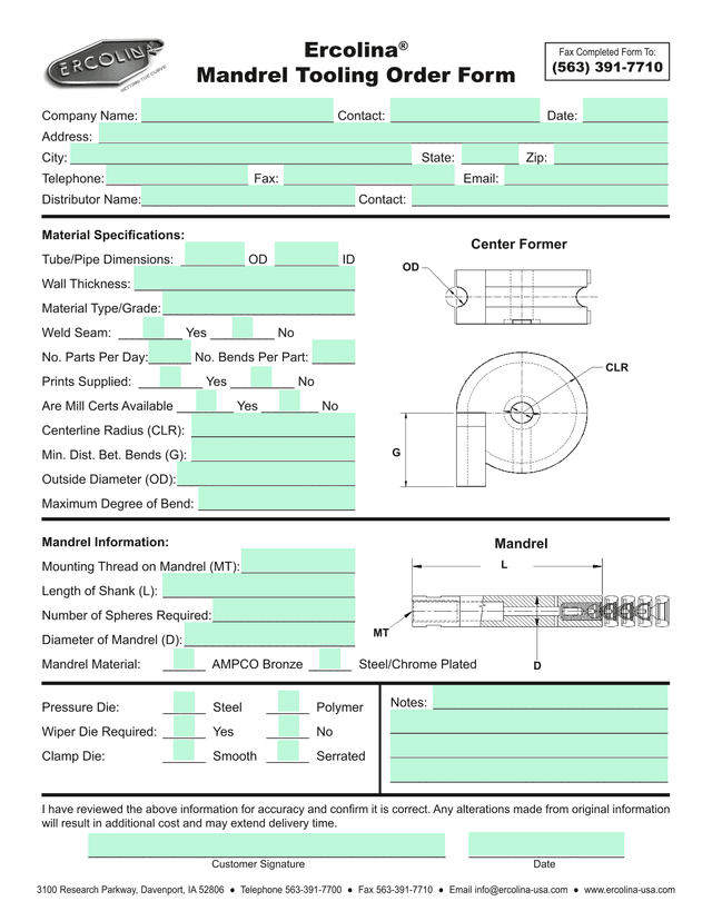 Ercolina Mandrel Tooling Order Form screenshot