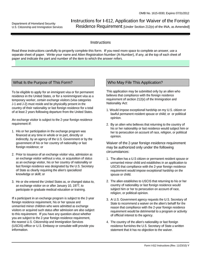 I 612, Application For Waiver Of The Foreign Residence Requirement screenshot