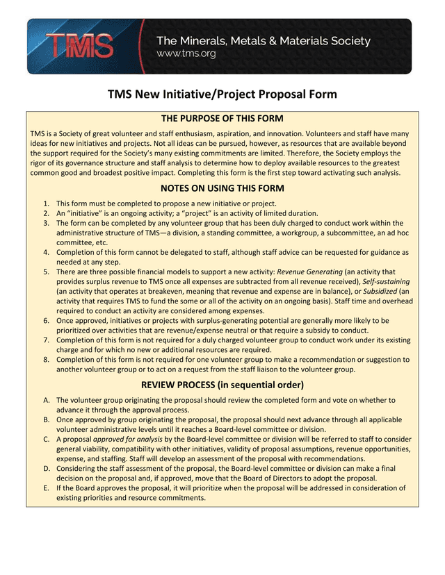 TMS New InitiativeProject Proposal Form screenshot