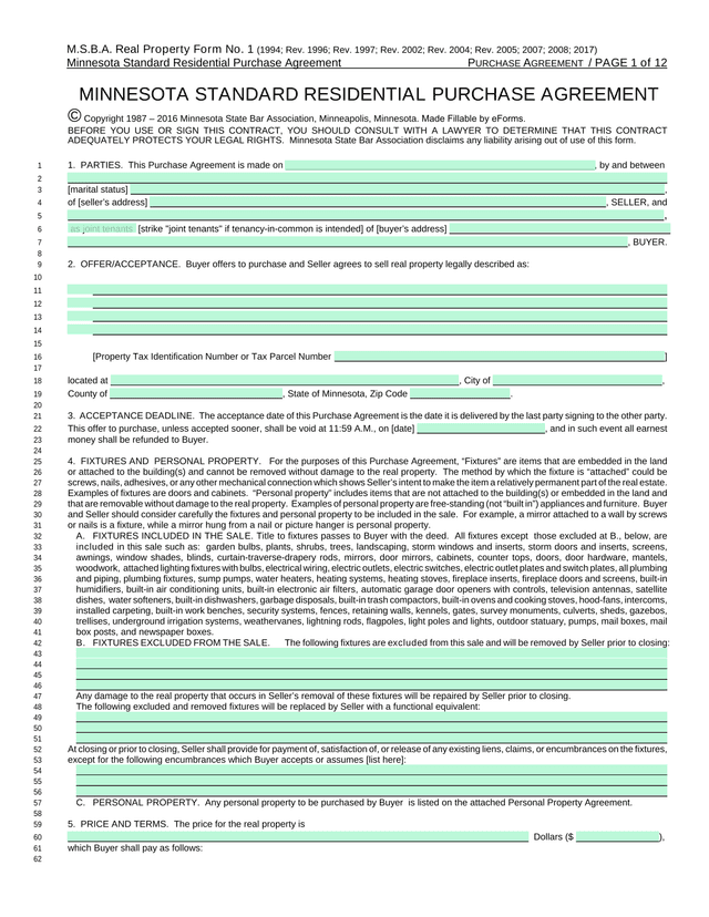 Minnesota Standard Residential Purchase Agreement screenshot