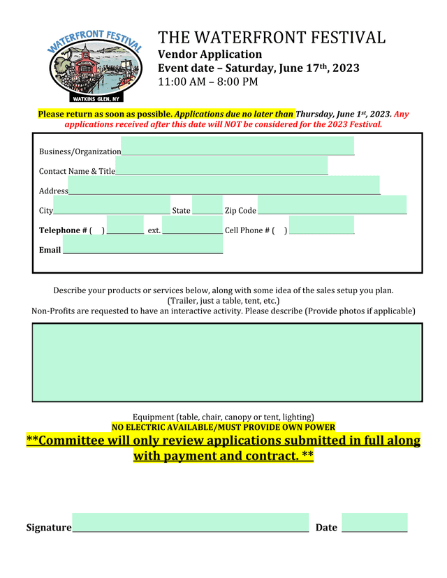 The Waterfront Festival Vendor Application screenshot