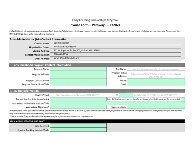 Early Learning Scholarships Invoice Form SFY2024 screenshot
