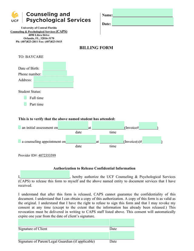 UCF Counseling  Psychological Services Billing Form screenshot