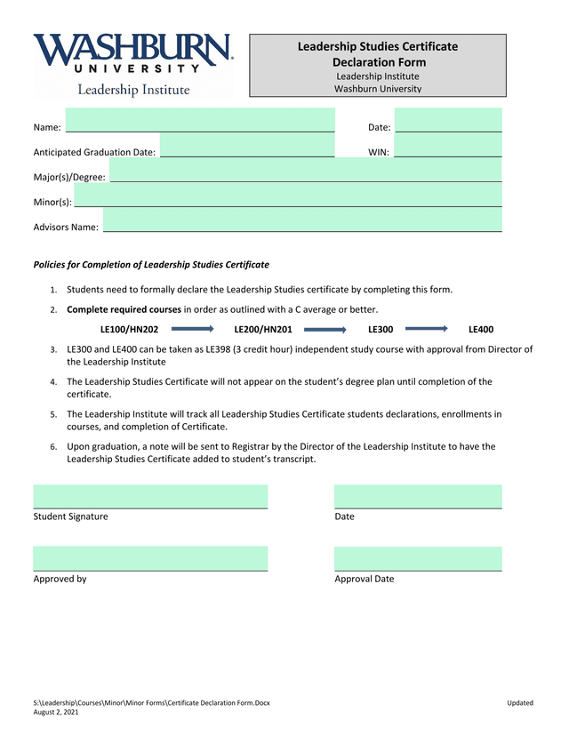 Leadership Studies Certificate Declaration Form screenshot