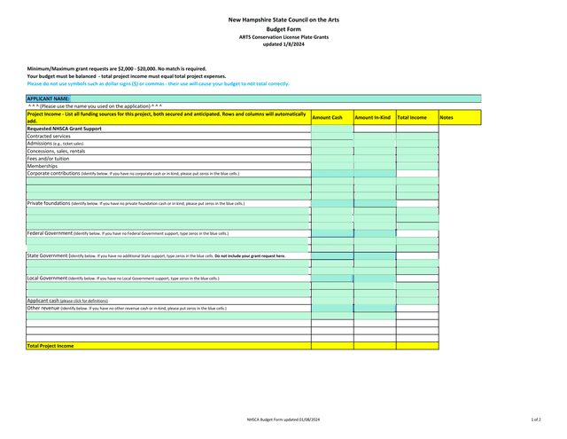 ARTS Conservation License Plate Grants Budget Form screenshot