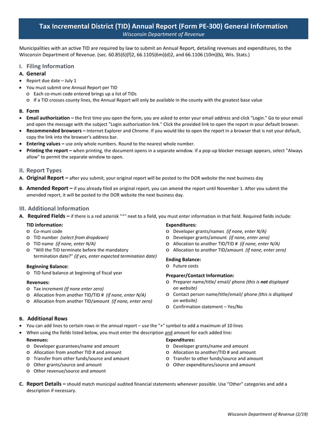 Tax Incremental District (TID) Annual Report (Form PE 300) screenshot