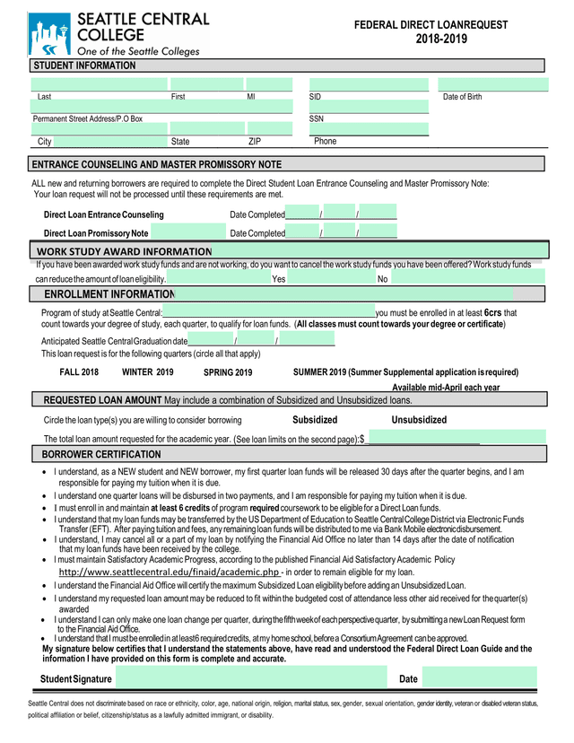 FEDERAL DIRECT LOAN REQUEST 2018 2019 screenshot