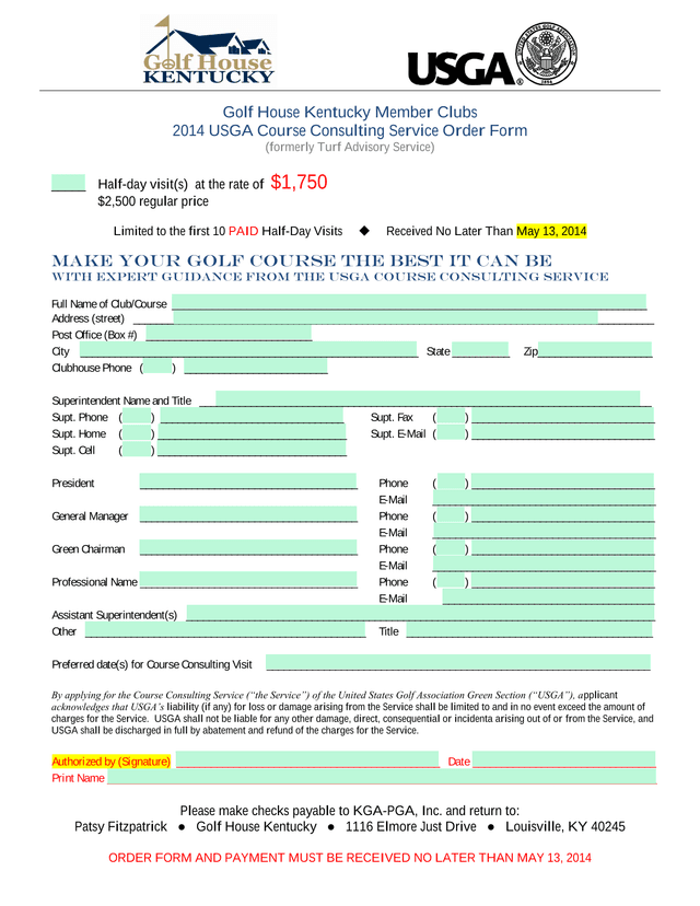2014 USGA Course Consulting Service Order Form screenshot