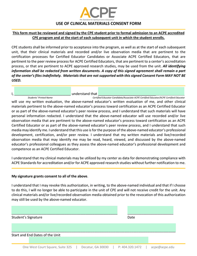 USE OF CLINICAL MATERIALS CONSENT FORM screenshot