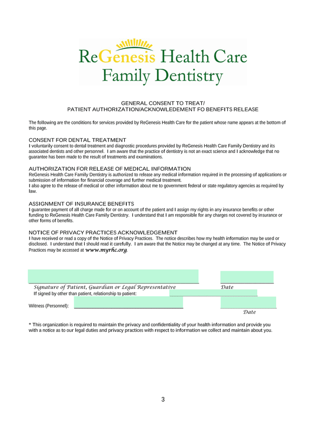 GENERAL CONSENT TO TREAT PATIENT AUTHORIZATIONACKNOWLEDEMENT FO BENEFITS RELEASE screenshot