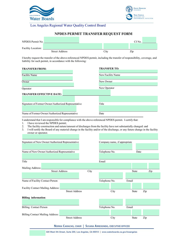 NPDES Permit Transfer Request Form screenshot