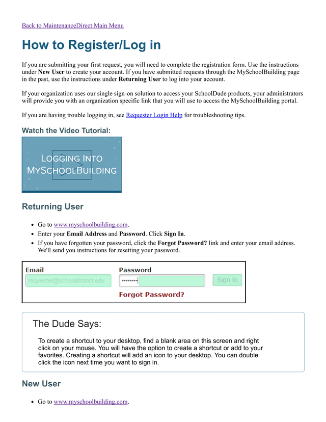 SchoolDude MySchoolBuilding Registration And Login Instructions screenshot