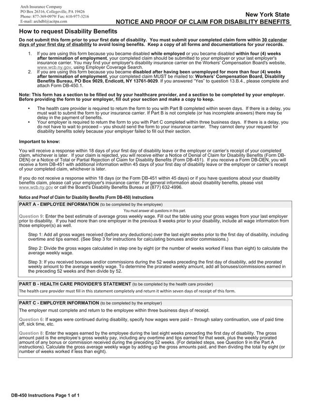 DB 450 Notice And Proof Of Claim For Disability Benefits screenshot
