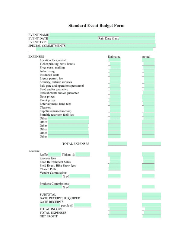 Standard Event Budget Form screenshot