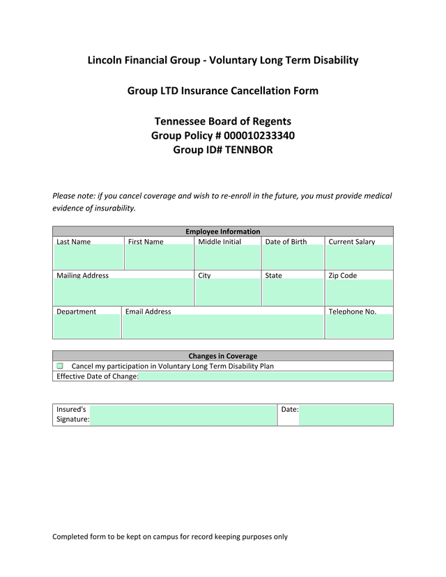 Group LTD Insurance Cancellation Form screenshot
