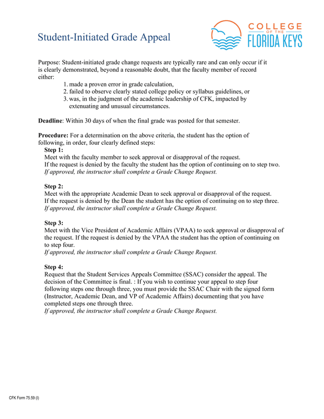 CFK Form 75.59 (I) Student Initiated Grade Appeal screenshot