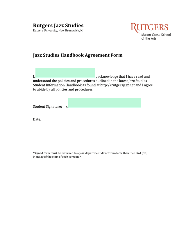 Jazz Studies Handbook Agreement Form screenshot