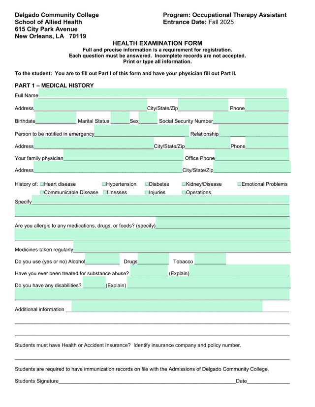 Health Examination Form screenshot