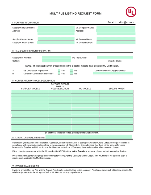 MULTIPLE LISTING REQUEST FORM screenshot