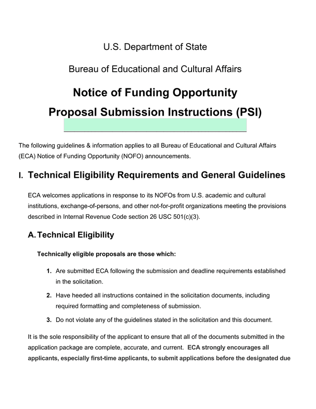 Notice Of Funding Opportunity Proposal Submission Instructions (PSI) screenshot