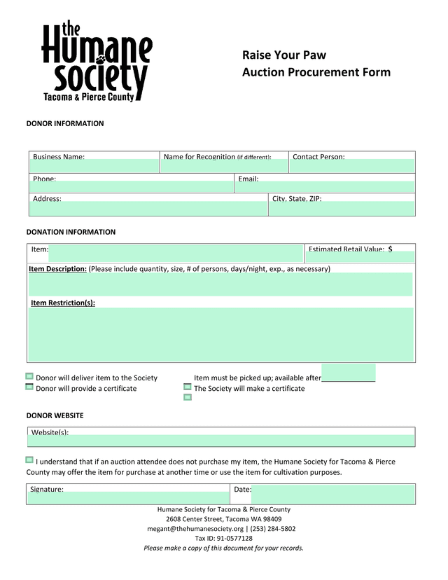 Raise Your Paw Auction Procurement Form screenshot