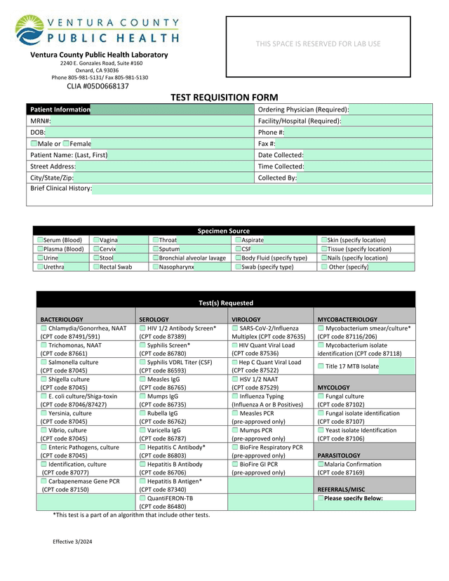 Test Requisition Form screenshot