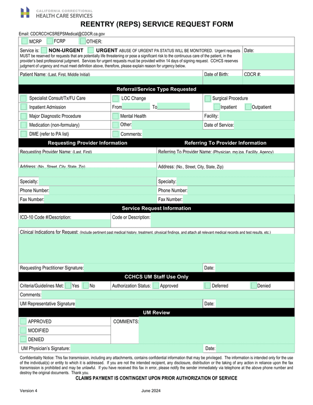 REENTRY (REPS) SERVICE REQUEST FORM screenshot