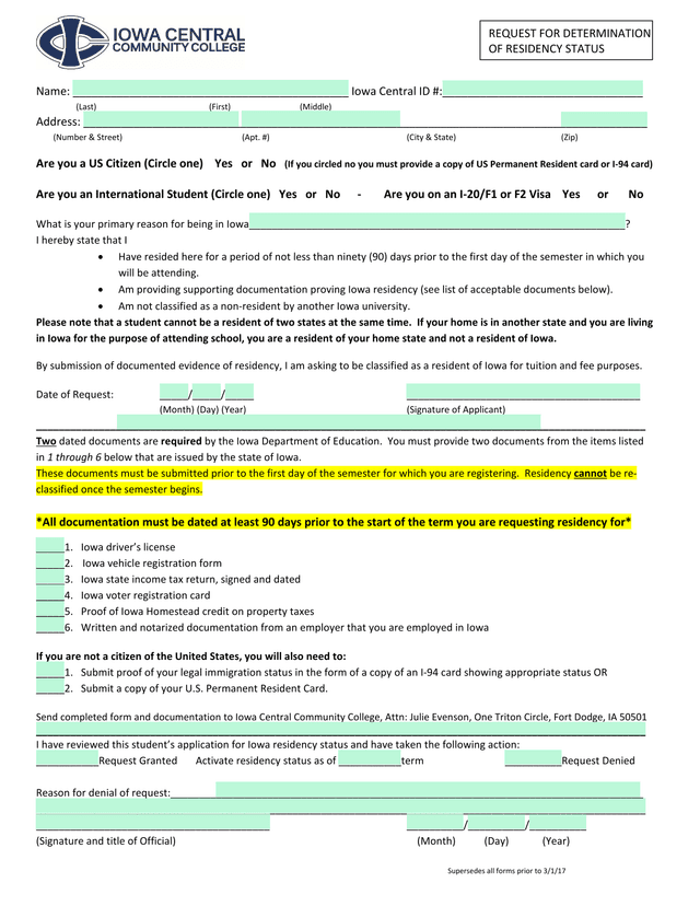 Iowa Residency Classification Form screenshot