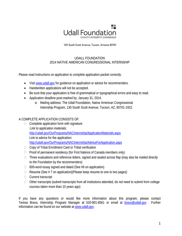 Udall Foundation 2014 Native American Congressional Internship Application screenshot