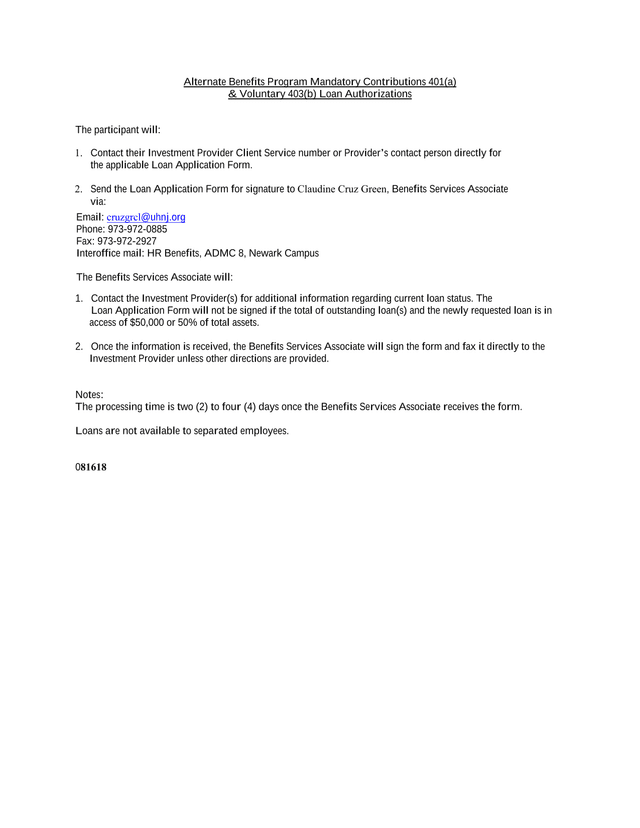 Alternate Benefits Program Mandatory Contributions 401(A)  Voluntary 403(B) Loan Authorizations screenshot