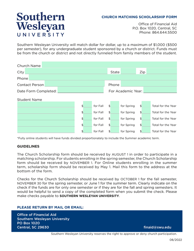 Church Matching Scholarship Form screenshot