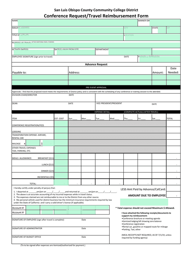 Conference RequestTravel Reimbursement Form screenshot
