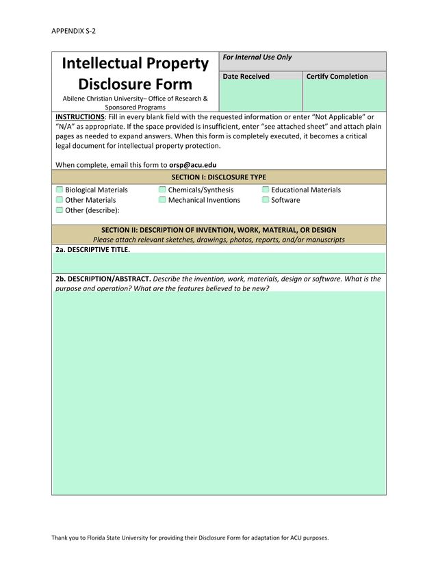 Intellectual Property Disclosure Form screenshot