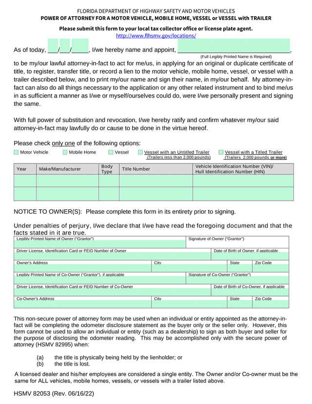 Power Of Attorney For A Motor Vehicle, Mobile Home, Vessel Or Vessel With Trailer screenshot